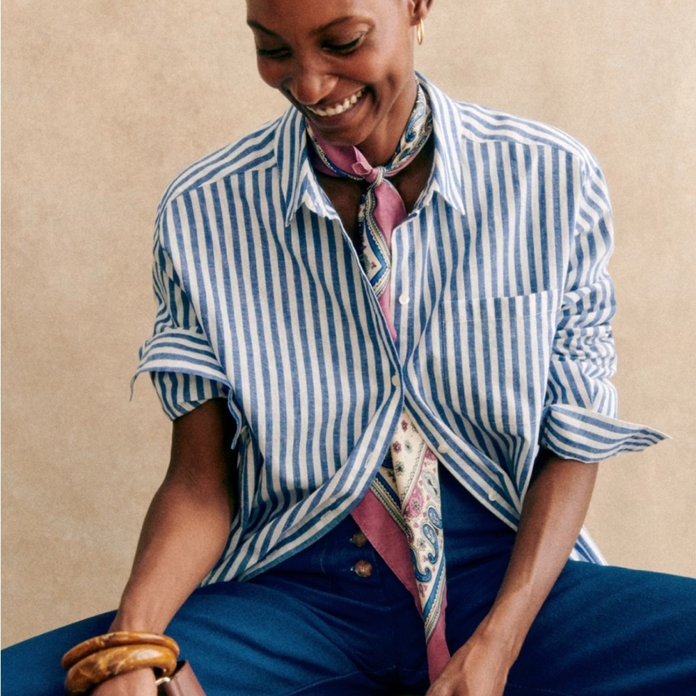 Sézane Max Blue and White Striped Shirt NWT FR 36 US 4